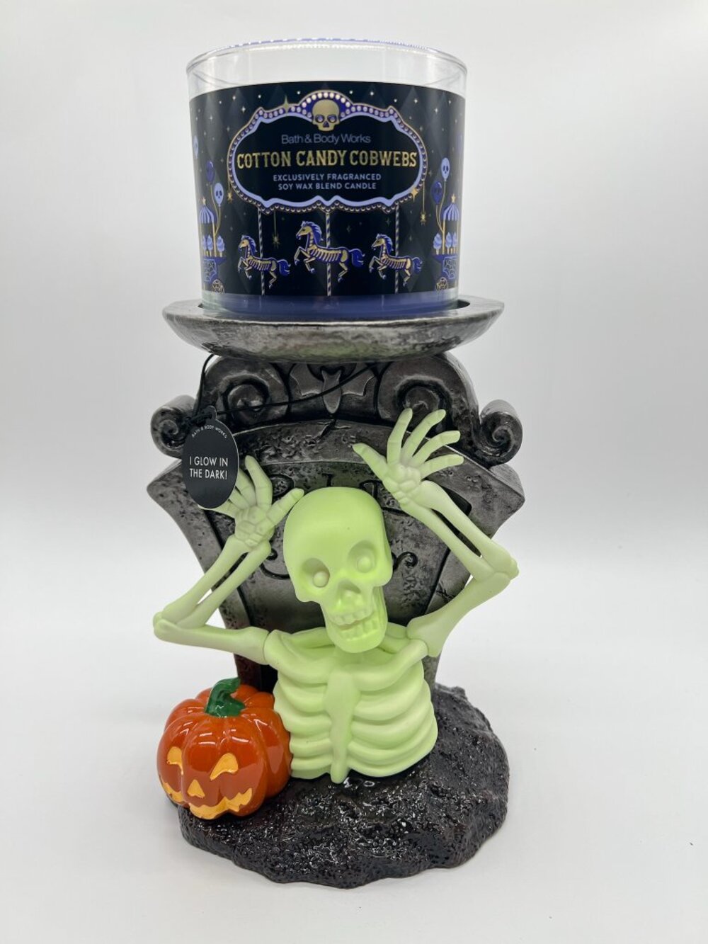 Bath & Body Works Glow-in-the-dark Skeleton Candle Pedestal & 3 Wick Candle